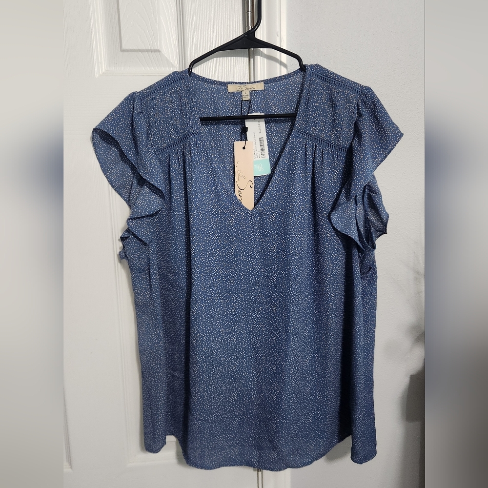 Le Serein Blue Ruffle Sleeve Women's Top